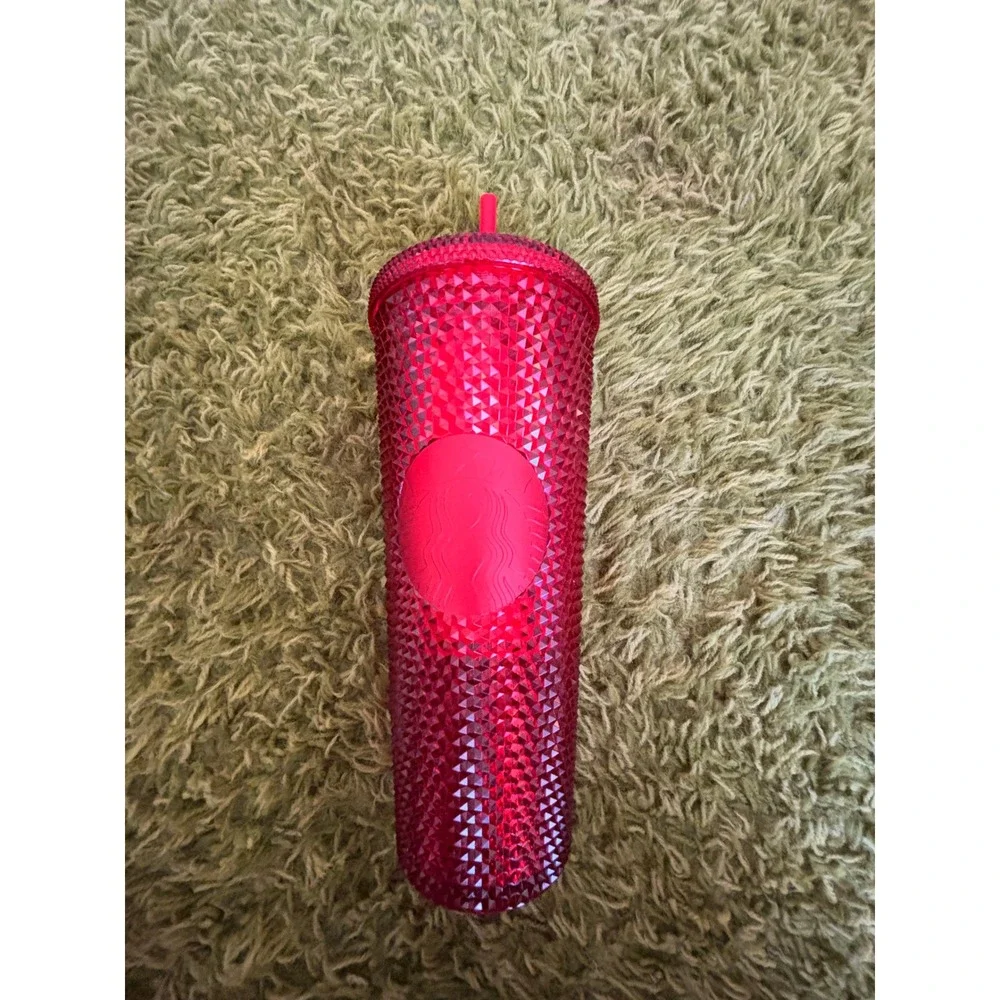 NIB Starbucks Ruby Red Studded Venti Cold Cup 24oz Tumbler with Lid and Straw